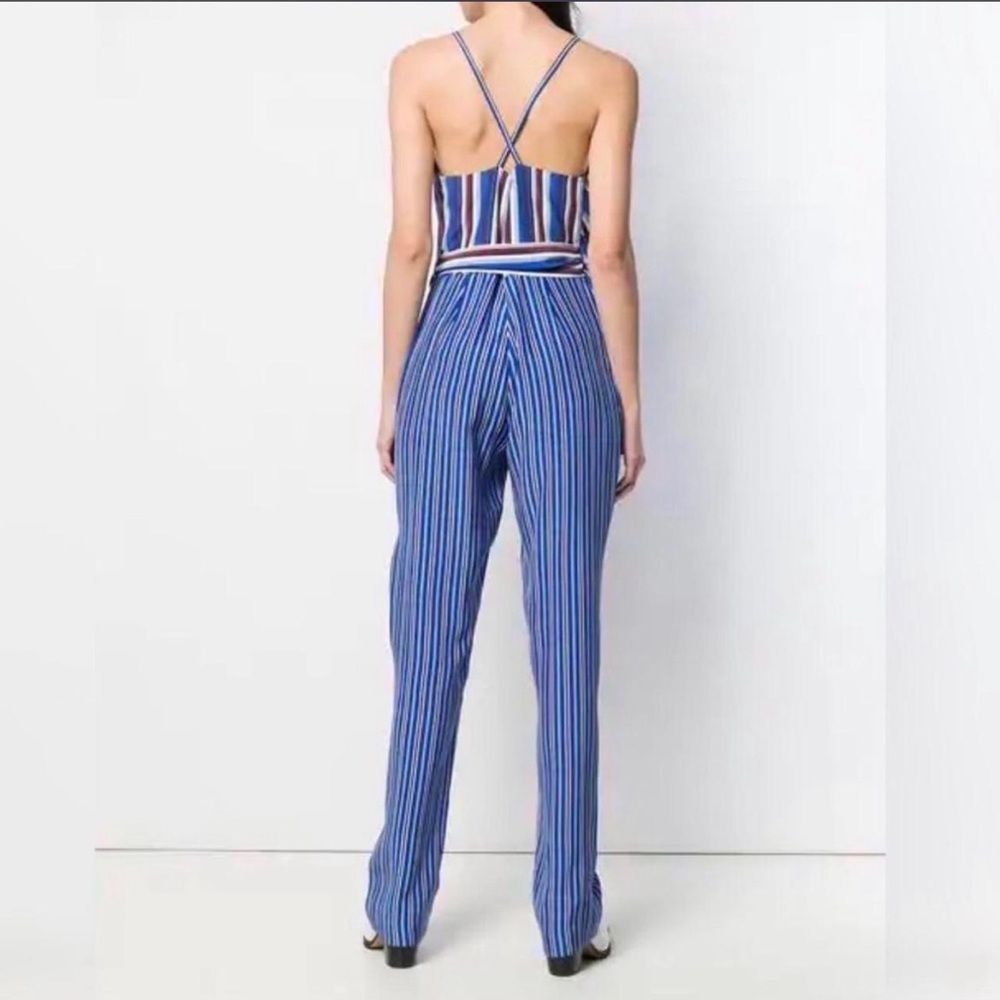Rag & Bone Felix Silk Striped Wrap Jumpsuit Size 8 Blue Red Wide Leg Pockets - Picture 2 of 12